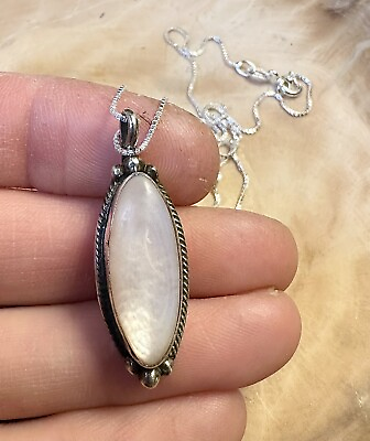#ad Vintage Nacre Pointed Oval 925 Sterling Silver Pendant Necklace 20 In $40.00