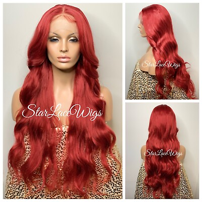#ad Long Red Human Hair Blend Lace Front Wig Loose Curl Waves Heat Ok Women Red Wig $89.88