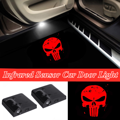 #ad 2Pcs LED Red Punisher Logo Car Door Skull Welcome Laser Projector Shadow Lights $18.04