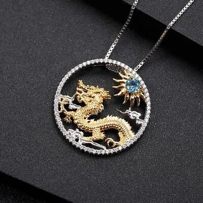 #ad Natural Swiss Blue Topaz Zodiac 925 Sterling Silver Myth Dragon Pendant Necklace $53.03