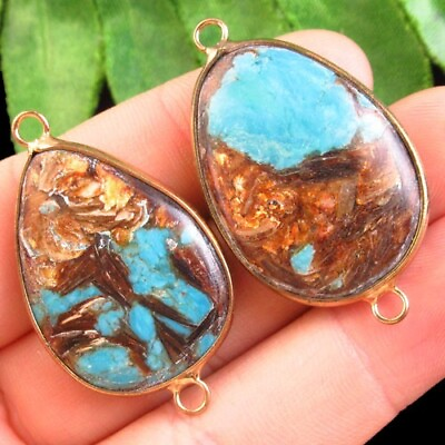 #ad 2Pcs Wrapped Blue Turquoise Gold Copper Teardrop Connector Pendant SFH23309 $10.13
