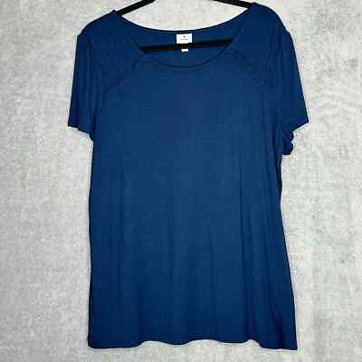 #ad Dressbarn Womens Top XL Navy Blue Solid Short Sleeve Round Neck Stretch $20.40