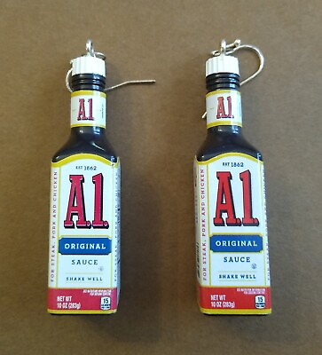 #ad A1 Original Steak Sauce Earrings Novelty Silver tone Hooks Exc Condition $10.95
