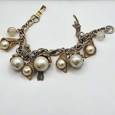 #ad Vintage Charm Bracelet Simulated Pearl Gold Tone Dangles 7.5quot; $22.27