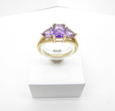 #ad 9ct Gold Amethyst Ring Three Stone Yellow Gold Hallmarked size N 1 2 Gift Box GBP 118.00