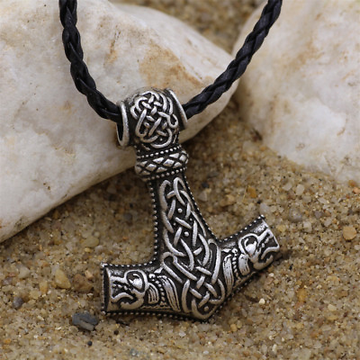 #ad Men Nordic Viking Mjolnir Wolf Pendant Leather Cord Myth Thor#x27;s Hammer Necklace $1.99