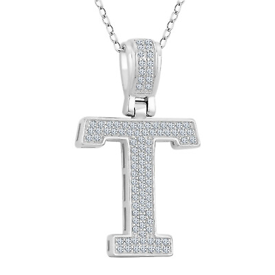 #ad Initial Letter quot;Tquot; Block Script CZ 925 Sterling Silver Pendant Necklace $81.33