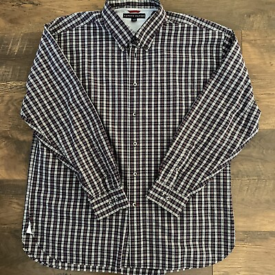 #ad Tommy Hilfiger Mens Shirt Button Down Plaid Navy Red White Long Sleeve XL EUC C3 $10.96