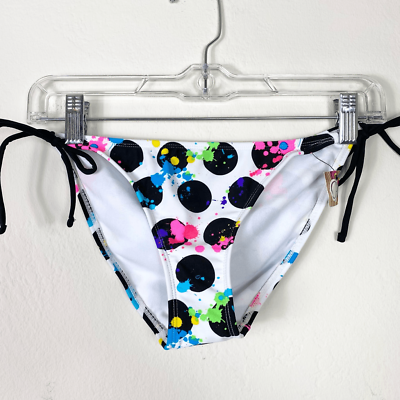 #ad NWT OP White amp; Black Polka Dot Neon Splattered Bikini Bottoms Size S $15.00
