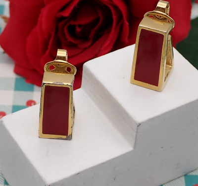 #ad Vintage 1977 Givenchy Paris NY Red Enamel Gold Tone Cube Hoop Clip Earrings $49.95