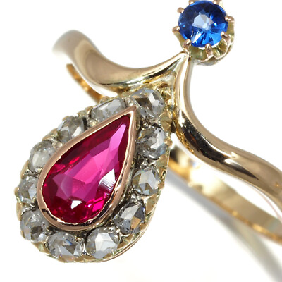 #ad Lab created Ruby Sapphire Rough cut Diamond Ring 14K 585 Yellow Rose Gold $661.68