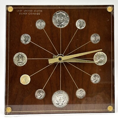 #ad Marion Kay Numismatic 1964 Last United States Silver Coinage Clock 72 Walnut MCM $124.95