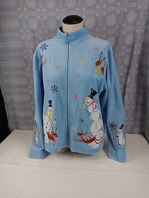 #ad Onque Casuals Blue Snowman Full Zip Jacket W Snowflakes amp; Reindeer Size Medium $10.97