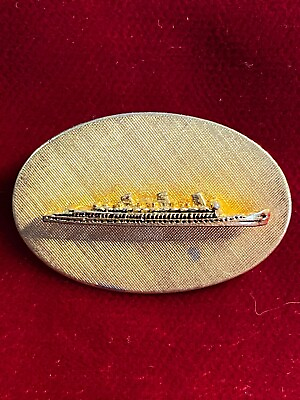 #ad 3D Ship Cruise Liner On Flat Oval Disc Vtg Tie Lapel Hinge Pin 1.25quot; $9.59
