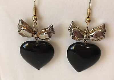 #ad Vintage Statement Black Onyx Heart Dangle Earrings W Gold Tone Bows $14.38