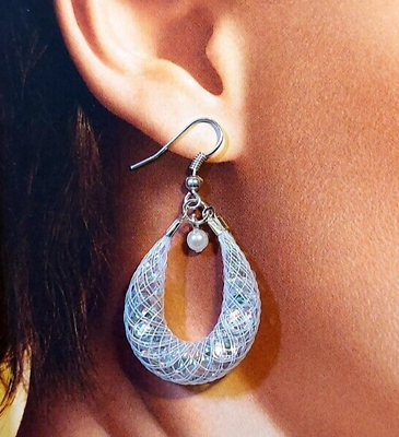 #ad White Mesh Earrings Pair Dangle Glamour Sparkly Silver Winter Christmas New Year $23.99