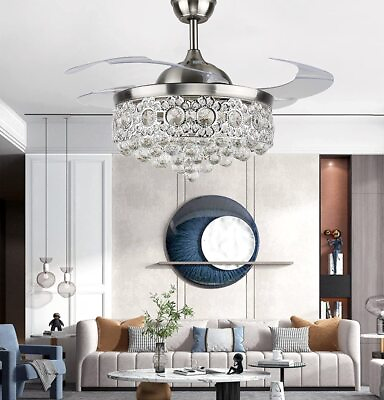 #ad Silver 42quot;Crystal Ceiling Fan with Light Remote Control LED 3 Color Chandelier $99.99