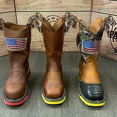 #ad MEN#x27;S STEEL TOE WORK BOOTS AMERICAN FLAG STYLE SOFT LEATHER INSIDE SHAFT SAFETY $99.99