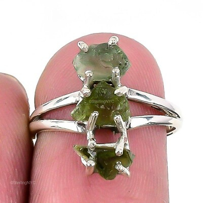 #ad Natural Moldavite Quartz Gemstone 925 Silver Statement Ring Size 7 For Women $11.99