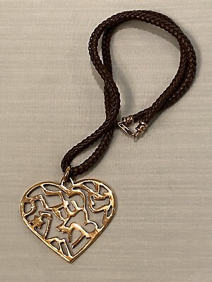 #ad Italy 925 Heart Shaped Pendant Necklace Open Work Brown Leather Cord 20” $29.99