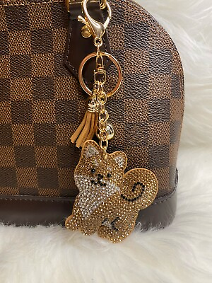 #ad Dog Keychain Bag Charm Crystal Bling Gold Tan Tassel New Handmade Gift $12.99