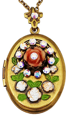 #ad Michal Negrin Locket Necklace Rose Crystals Oval Pendant Chain Victorian Flowers $84.00