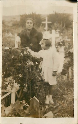 #ad RPPC Mother amp; Little Girl in Cemetery Flowers on Grave Unknown Europe Unposted $10.34