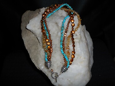 #ad 4 STRAND CITRINE TURQUOISE FRESHWATER PEARL AND STERLING SILVER 18quot; NECKLACE $269.00