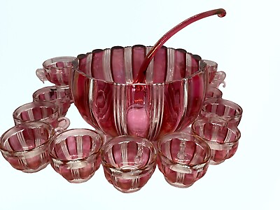 #ad Rare ruby flash Early glass punchbowl cups and ladle cranberry stunning set $168.00