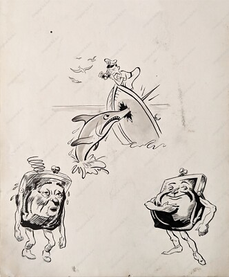 #ad Original Ad Advertising Art Captain Fish Anthropomorphic Pen Ink Drawing MCM $40.00