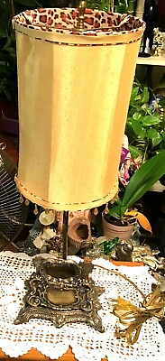 #ad Lovely Silver Plate Knapkin Shape Table Lamp With Gorgeous Brown Lampshade. $55.99