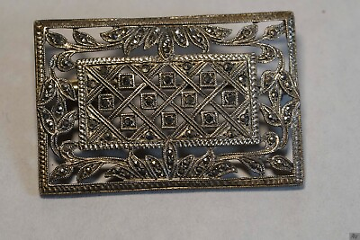 #ad Antique Sterling Silver Marcasite Brooch Pin Rectangular Art Deco Edwardian $35.00