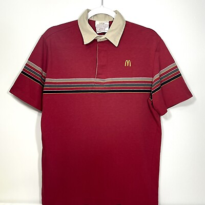 #ad Vintage McDonald’s Uniform Shirt 1986 Burgundy Khaki Collar Rugby Stripes Sz L $36.86