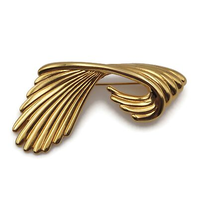 #ad Vintage Monet Gold Tone Metal Scalloped Design Ribbon Bow Swirl Fashion Brooch $17.99