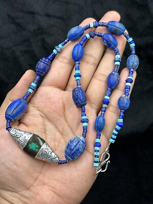 #ad Vintage Tibetan Lapis Lazuli Sterling Silver Capped Turquoise Beaded Necklace $200.00
