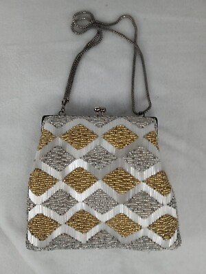 #ad Vintage 1960s Silver And Gold Beaded Purse $24.99
