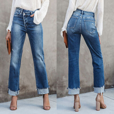#ad Fashion Womens Casual Jean Pants Washed Blue Denim Straight Legs Long Trousers $35.99