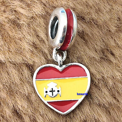 #ad 925 Sterling Silver Spain Heart Flag Pendant Dangle Charm Fit European Bracelets $22.99