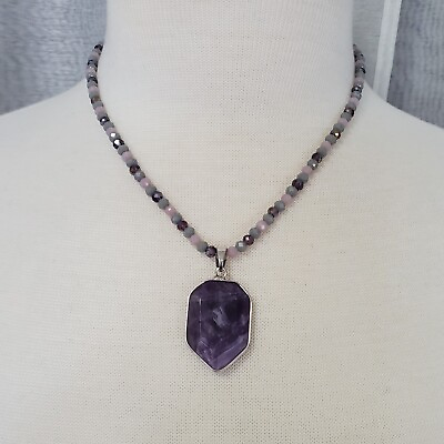 #ad Sterling Silver Amethyst Pendant Rondelle Crystal Bead Necklace Choker 18quot; $39.00