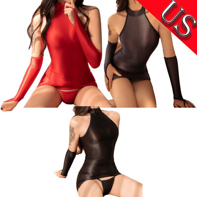 #ad US Women#x27;s Lingerie Shiny Oil Nightwear Mock Neck Sleeveless Bodycon Mini Dress $10.99