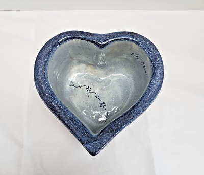#ad Heart Shaped Handmade Ceramic Pottery Bowl Signed EM Blue $18.00