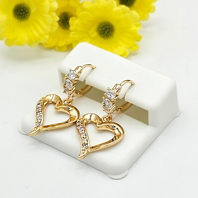 #ad 18K Gold Plated Women Love Heart CZ Crystal Drop Dangle Hoop Earrings Jewelry $13.00