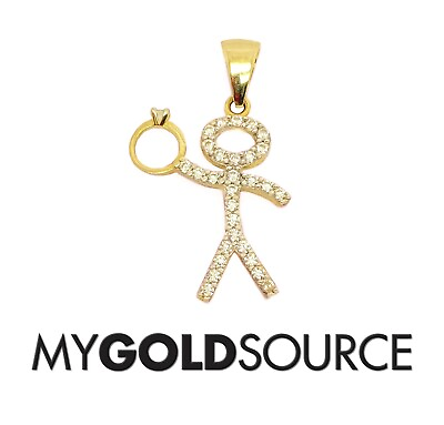 #ad 14k Gold Fancy CZ Stick Figure Man with Engagement Ring Pendant 0.60quot; x 0.80quot; $135.59