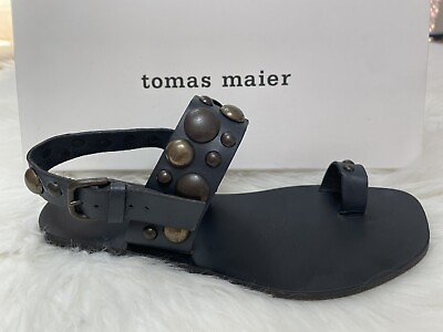 #ad Tomas Maier Leather Wide Strap Rivets Sandal Black Sz 8 Toe Strap $35.00