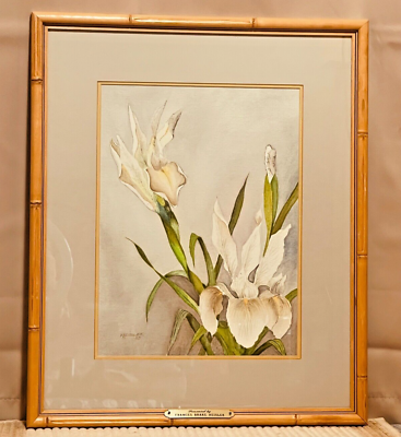 #ad Watercolor Painting Vintage Artist Signed Heisler #x27;85 Irises in Bamboo Frame $49.95