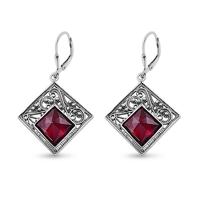#ad 925 Square Sterling Silver Filigree and Garnet Earrings $214.00