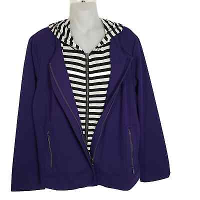 #ad Zenergy Chicos Jacket Size 2 Large Valerie Stripe Inset Hooded Purple Full Zip $34.89