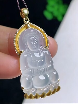 #ad Kwan yin 18K Yellow Gold Diamond 高冰 Emerald Icy White Jadeite Jade Pendant 0413 $4828.00