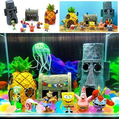#ad Sponge Bobs Resin Aquarium Fish Tank Decor Cartoon Pineapple House Home Ornament $8.99
