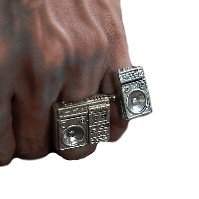 #ad retro boombox ring hip hop Two fingers sterling silver 925 biker radio Loudspeak $110.00